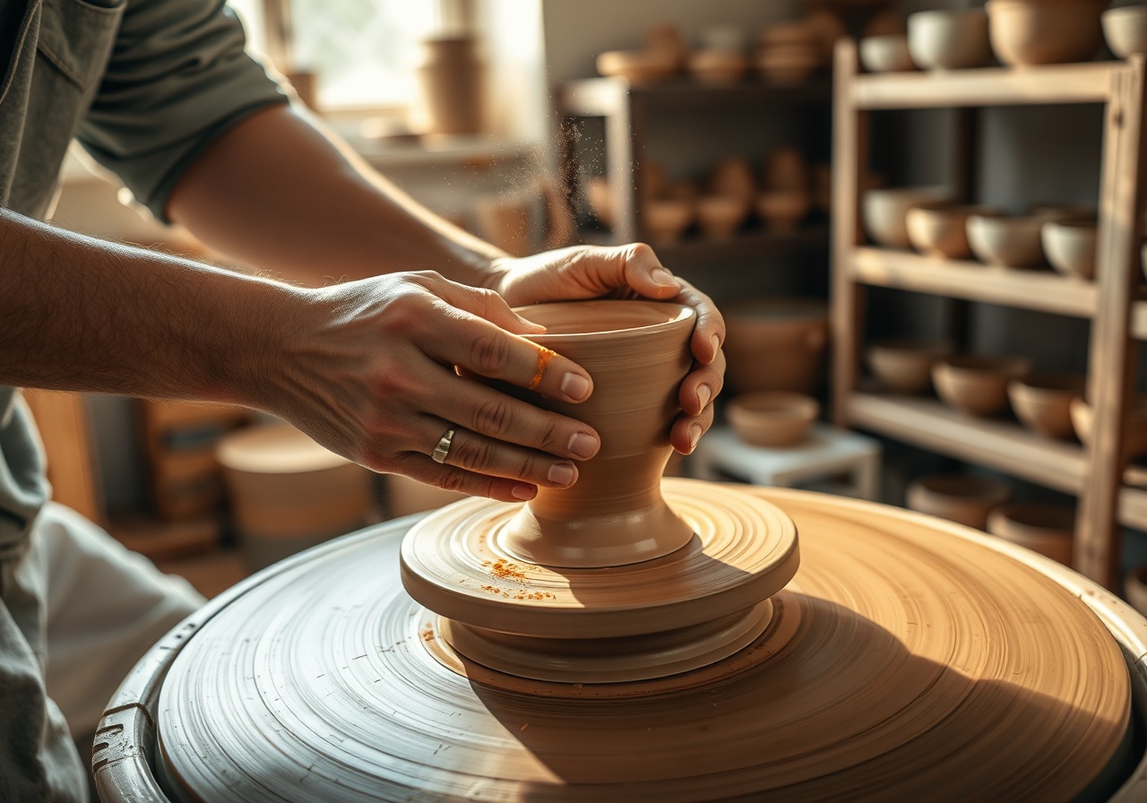 Close-up of artisan hands shaping a ceramic mug in natural studio light