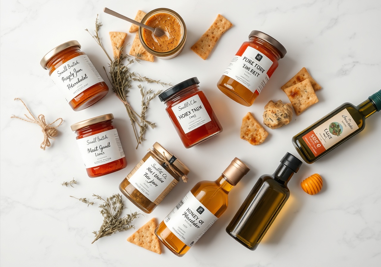 Artisan olive oil, honey jars, and regional preserves arranged on a white marble surface