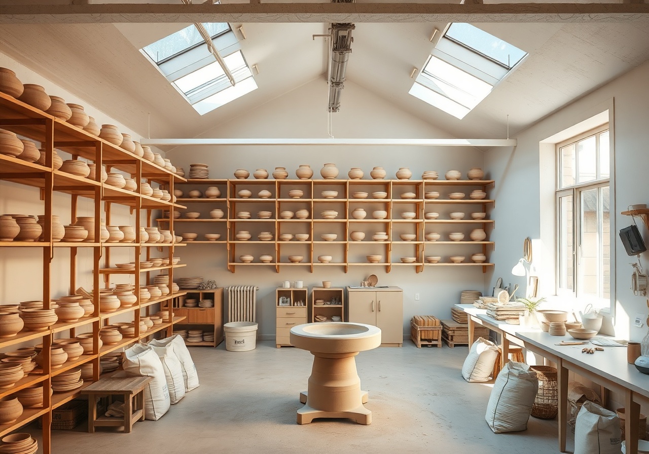 Interior view of a modern home studio filled with ceramic vases, plates, and tools on wooden shelves