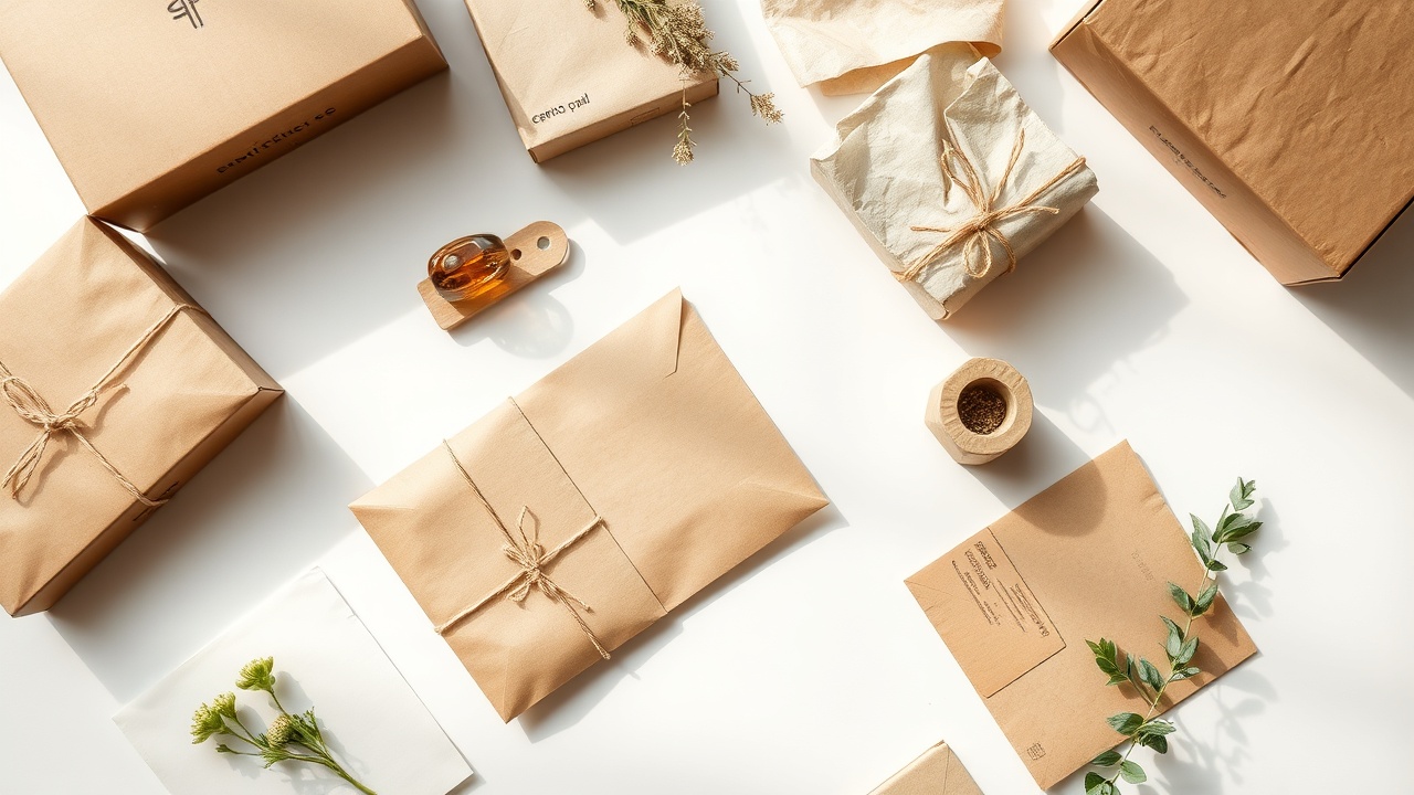 Overhead view of recyclable kraft paper packaging with natural botanical elements and a focus on sustainable materials