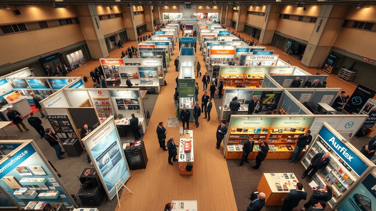A quiet desk with a laptop and a notebook, contrasting with a busy trade show floor in the background