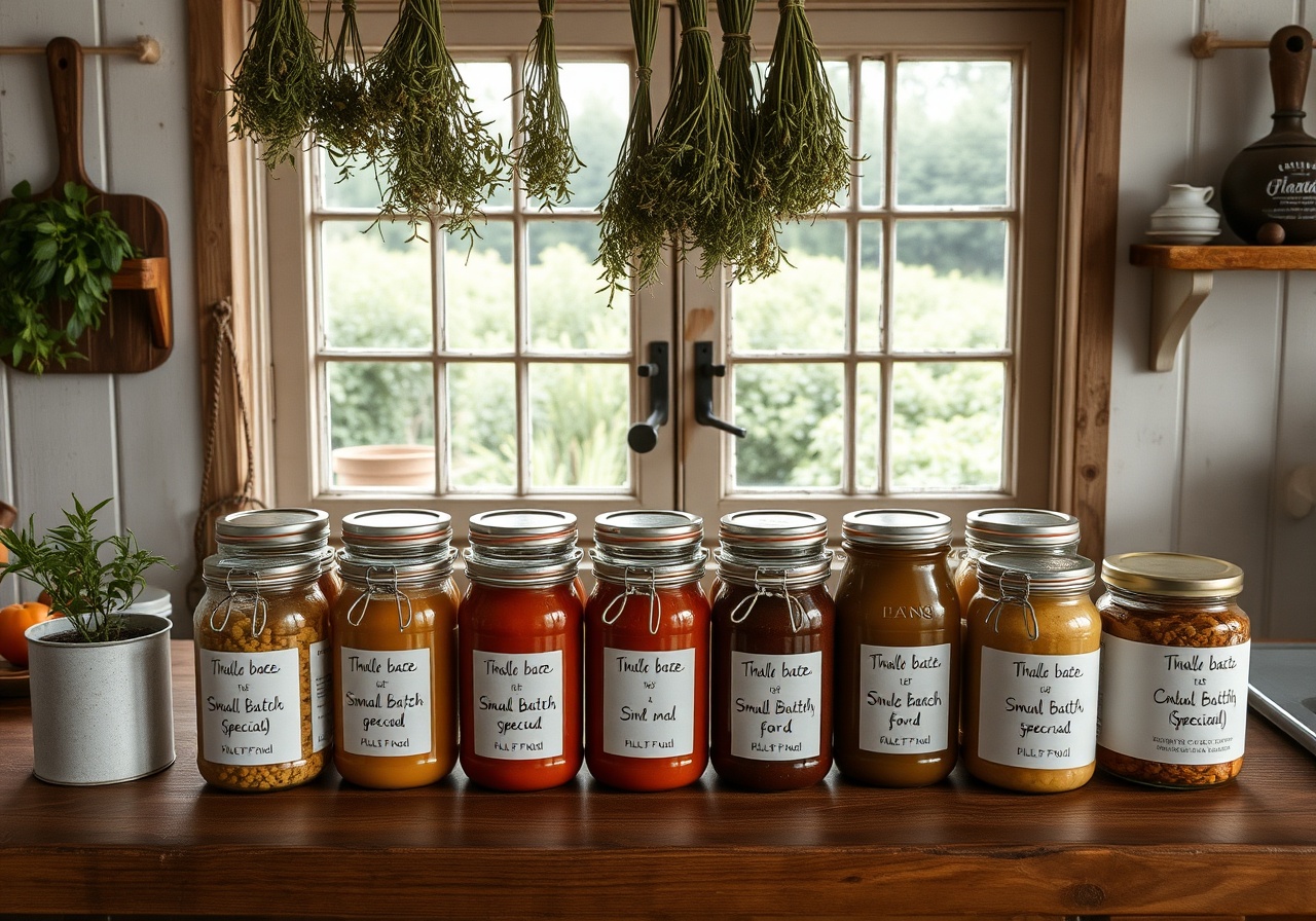 Jars of handmade preserves and pantry goods arranged on a rustic wooden table